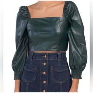 7 For All Mankind Green Vegan Leather Crop Top Size S